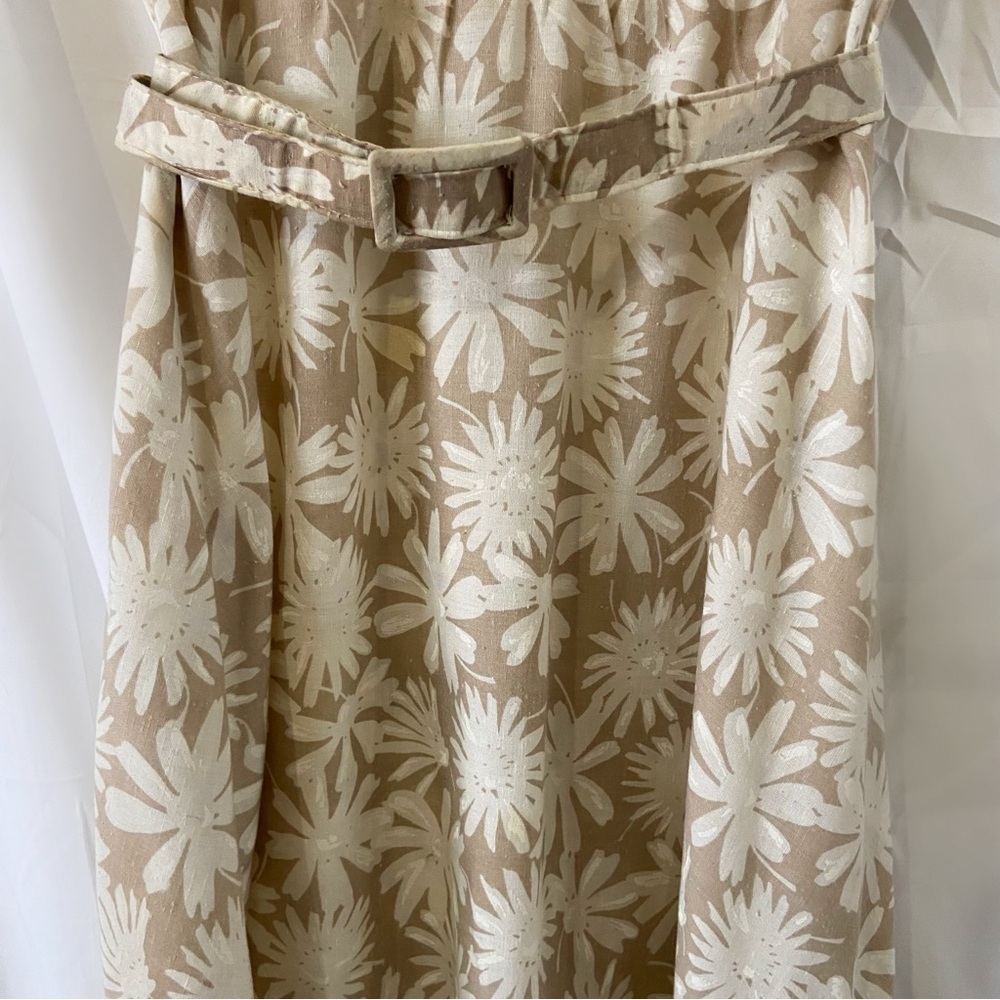 Vintage 70s Stuart Alan tan beige floral collared belt dress button up midi - Picture 4 of 9